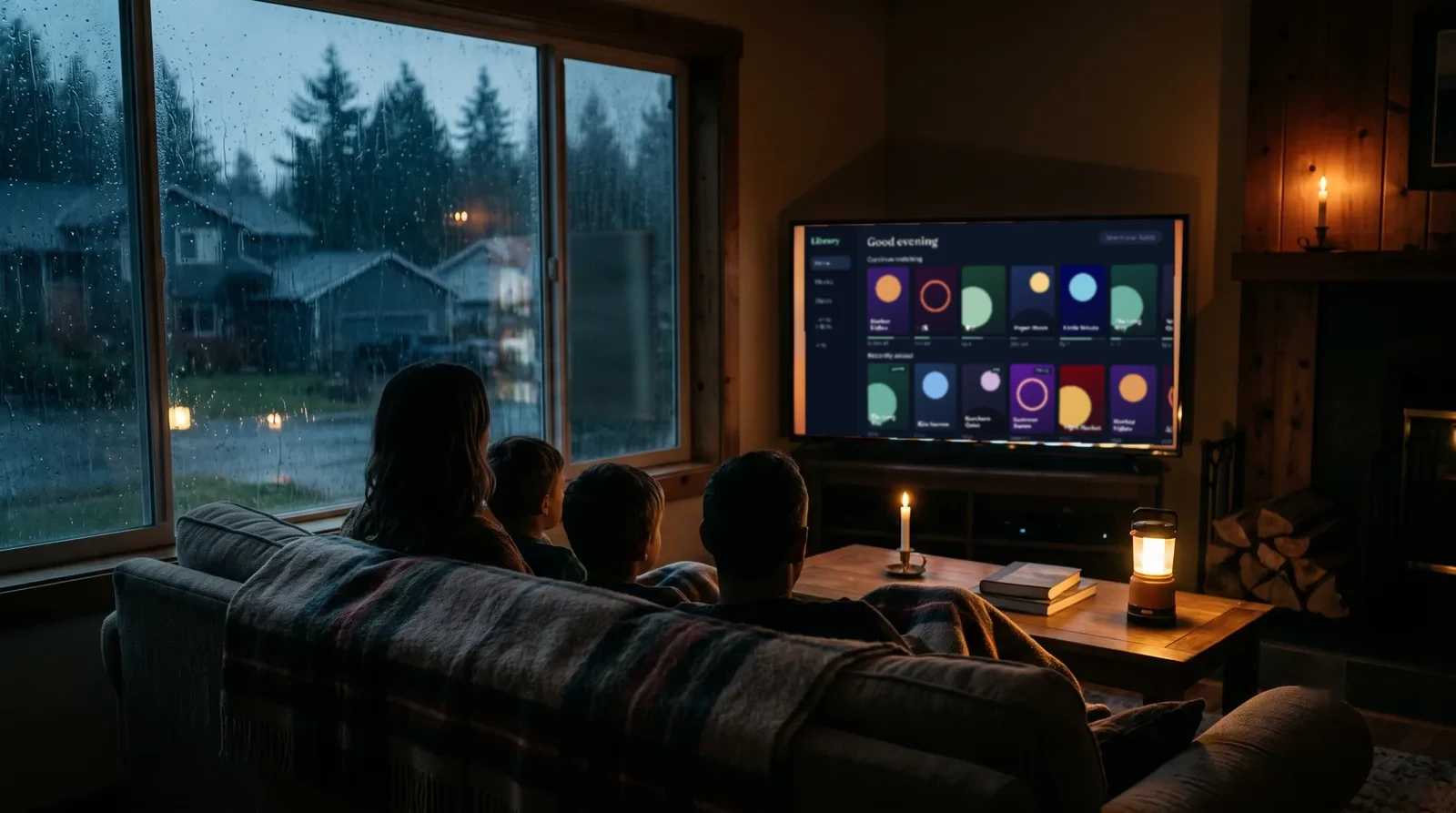 A family watching a movie at home by lantern light during an internet outage