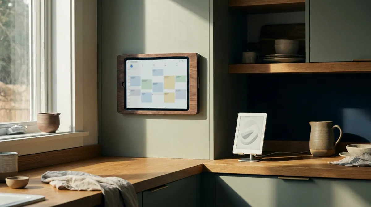 A wall-mounted family calendar tablet beside an e-ink display in a kitchen