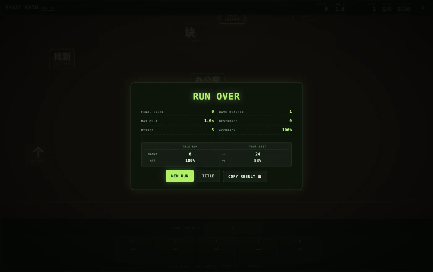 Hanzi Rain's run-over screen with score, accuracy and best-run stats