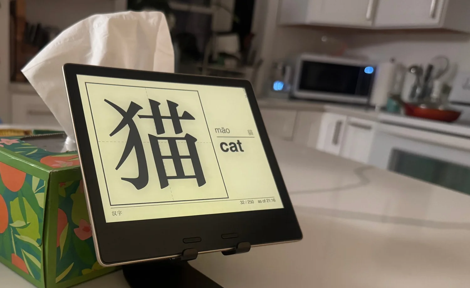 A Kindle Oasis e-ink display on a kitchen counter showing the flashcard 猫, cat