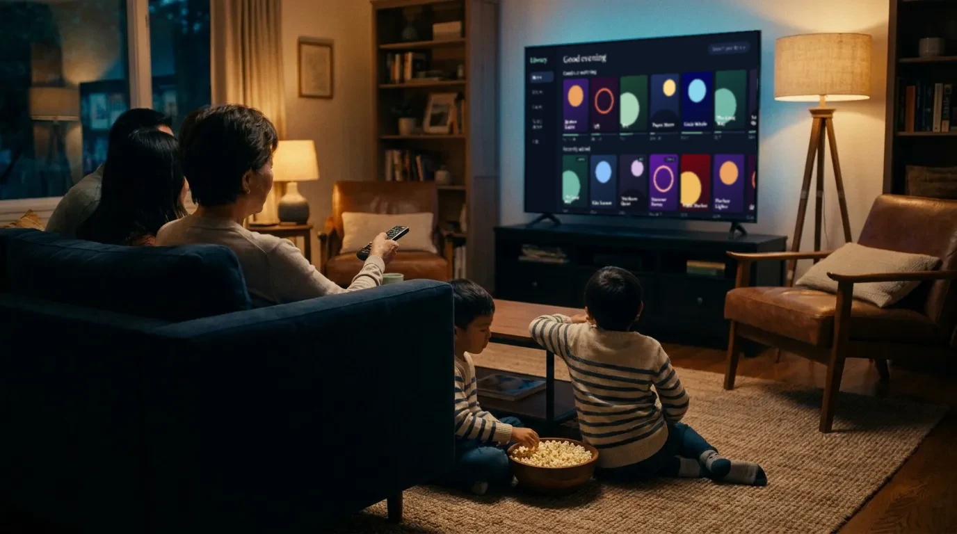A grandmother with the remote and two children sharing popcorn in a living room, with a TV showing a grid of shows to choose from