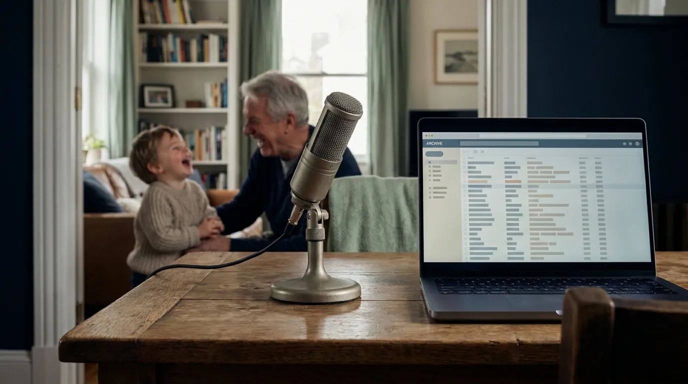 A grandfather and a child laughing behind a desktop microphone, with a laptop showing a private journal archive