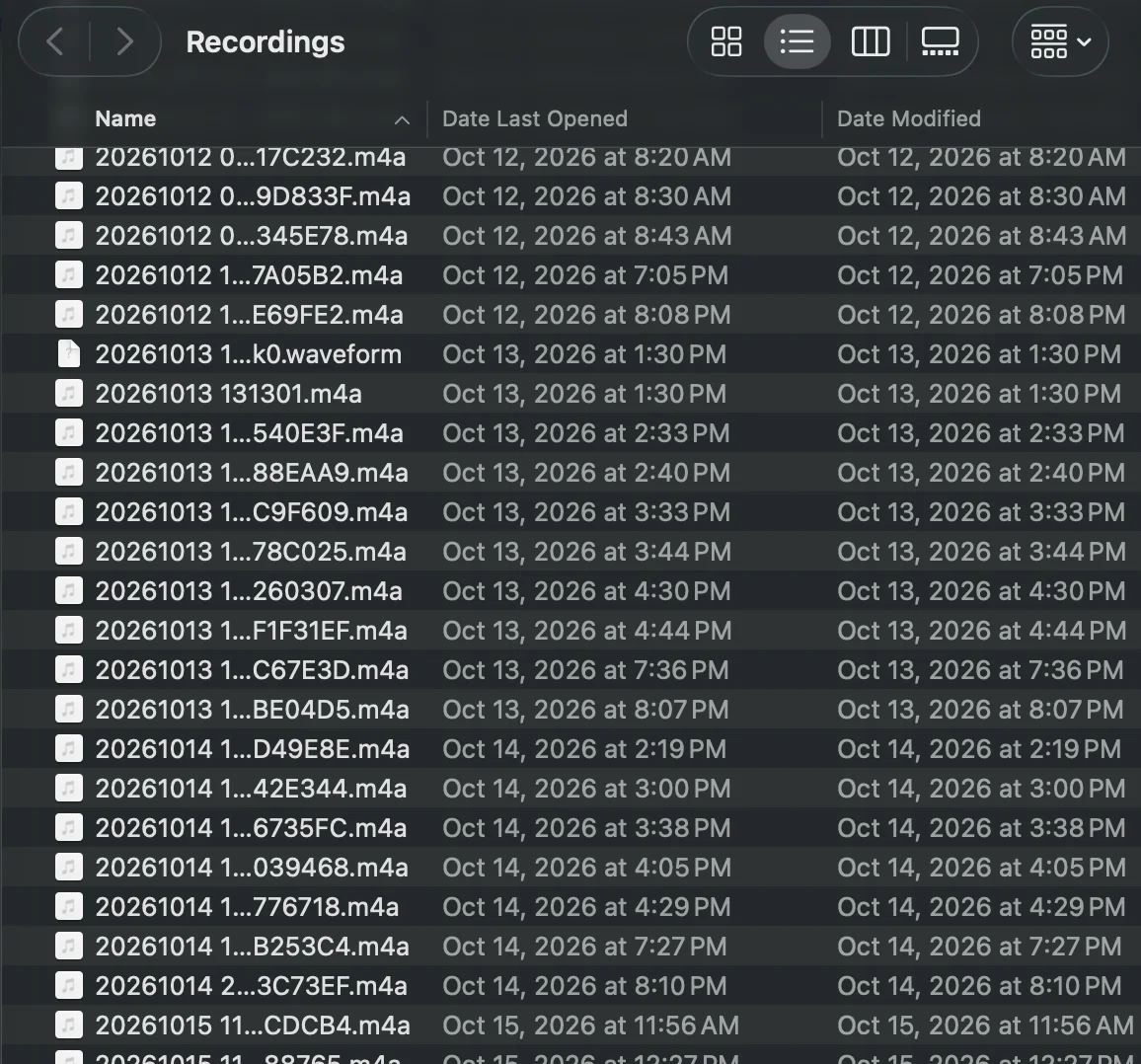 A Finder window listing hundreds of unnamed audio recordings