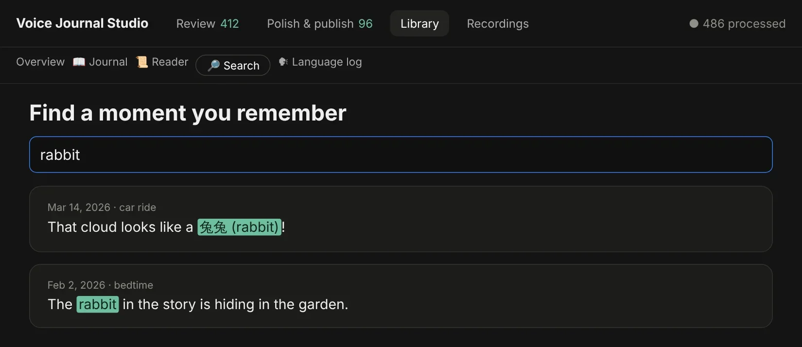 Search screen finding moments that mention a rabbit, in English and Mandarin