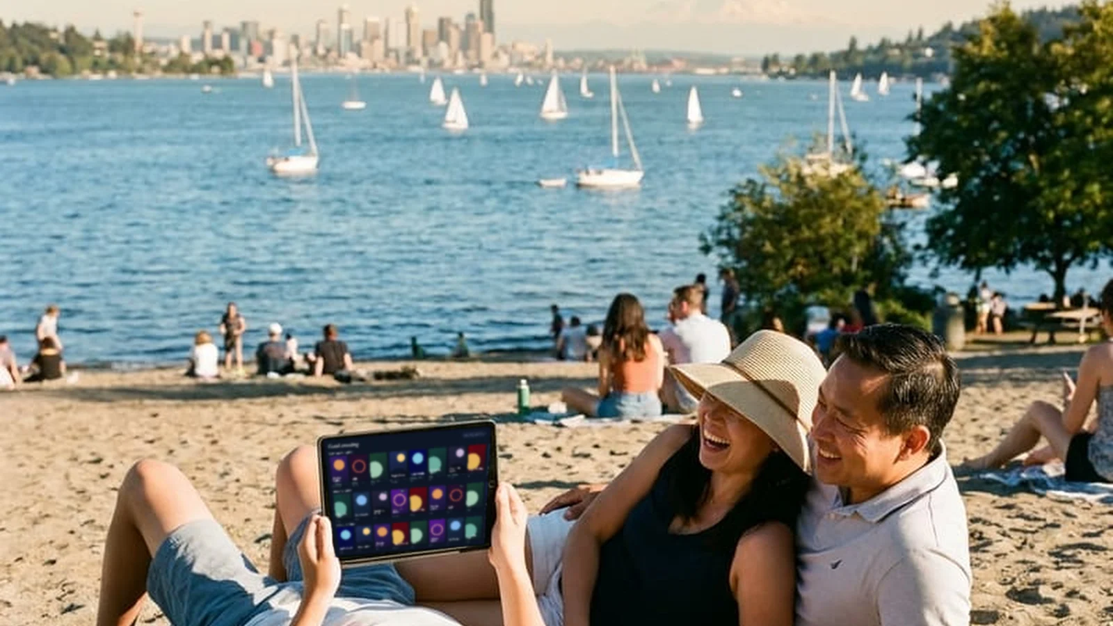 A family on a Bellevue lakefront beach with a tablet, sailboats and the Seattle skyline behind them