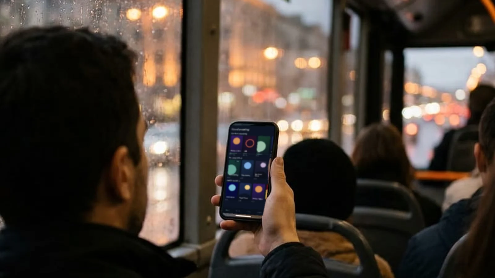 A commuter on a rainy evening bus watching their library on a phone